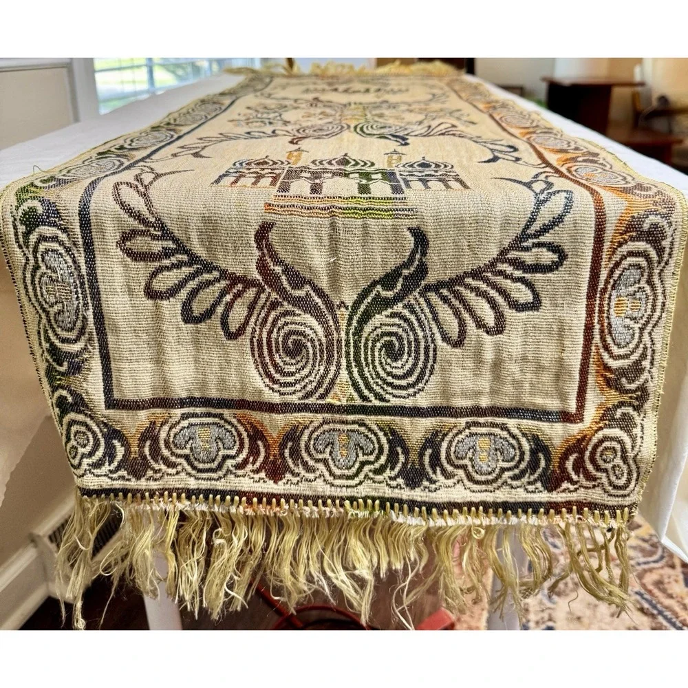 Vintage Woven Tapestry Table Runner Mosque Architecture Floral Fringed Cream